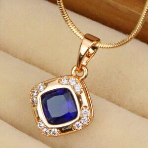 "Gold Plated Blue Cushion Pendant with Crystal Halo – Elegant Charm, XPPT1765